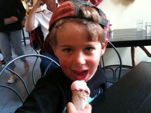 Jake enjoys strawberry ice cream at Frankie's in Mendocino.  
