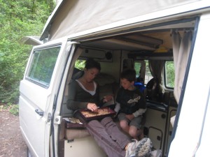 Paula and Nate play word games in Rusty at our Hidden Springs campsite in Humboldt Redwoods State Park.